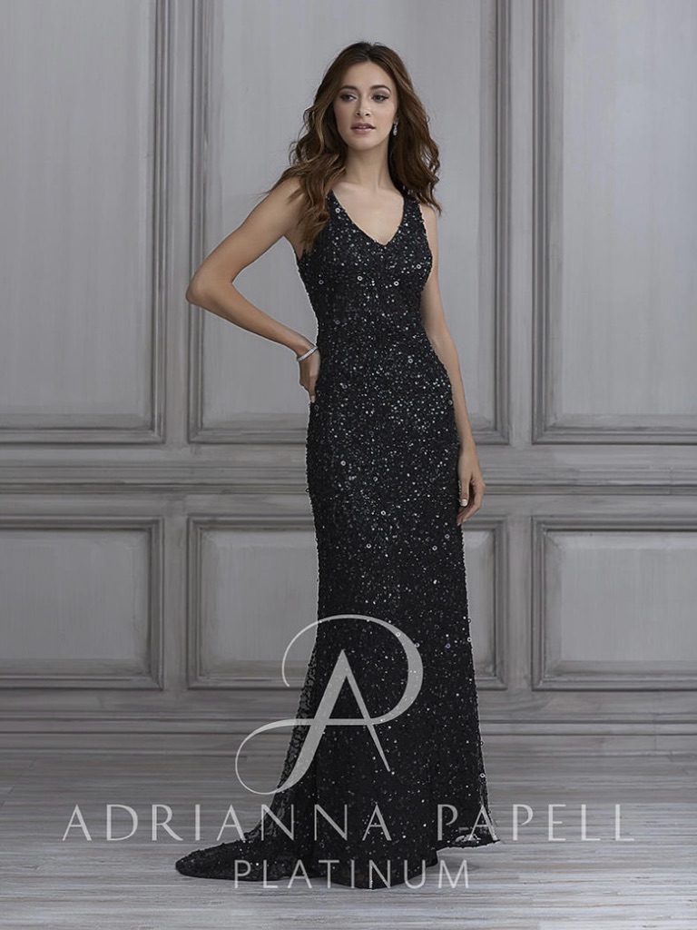 Adrianna Papell Navy Sequin V-Neck Gown